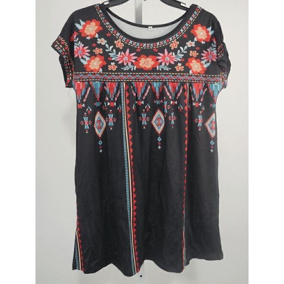 Women's Black & Red Floral Short Sleeve Shift Dress M - Picture 2 of 8
